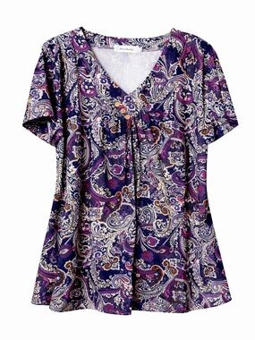 Women 2XL Paisley Boho Tunic Top Plus Size V Neck Short Sleeve